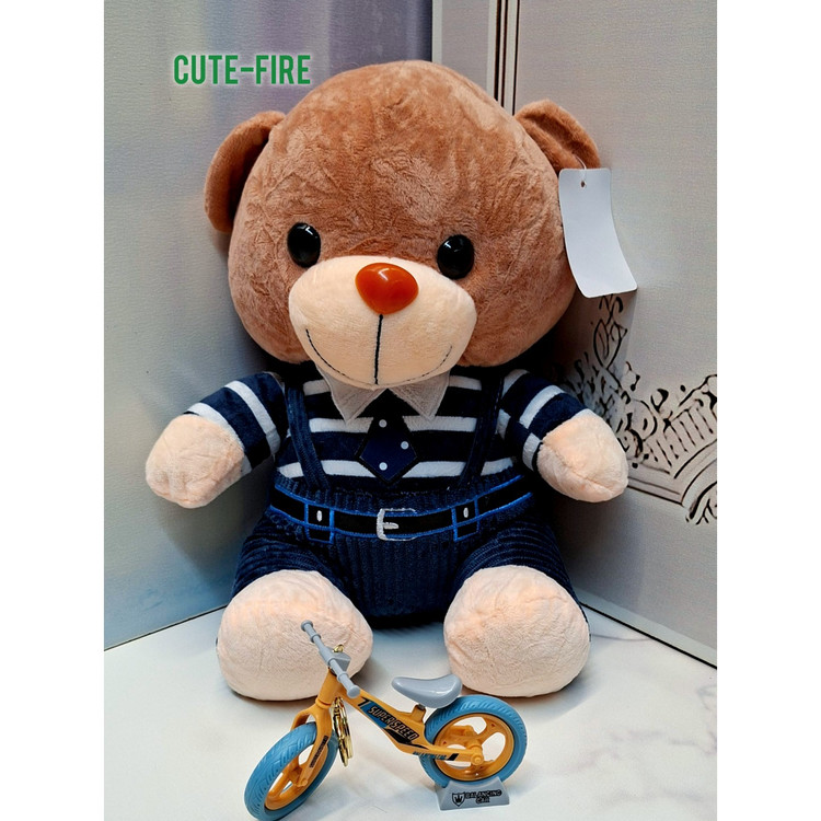 عروسک پولیشی خرس نشسته لباسدار کراواتی بندک دار ضد حساسیت پارچه نانو