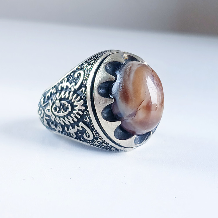 انگشتر عقیق دو پوست قهوه ای ترکیبی رکاب قلم