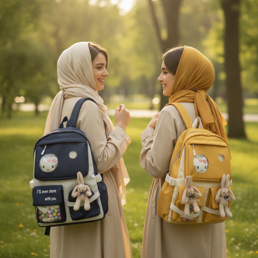 کولهپشتی دخترانه کودک صورتی فانتزی طرح کیتی و خرگوش