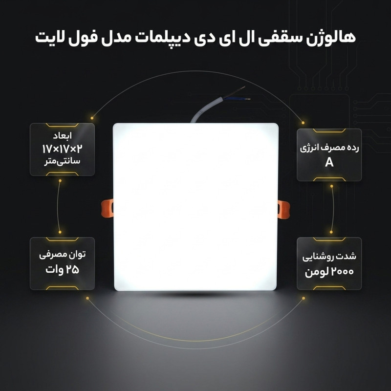 هالوژن سقفی ال ای دی 25 وات دیپلمات مدل فول لایت طرح فنر متغیر توکار مربع