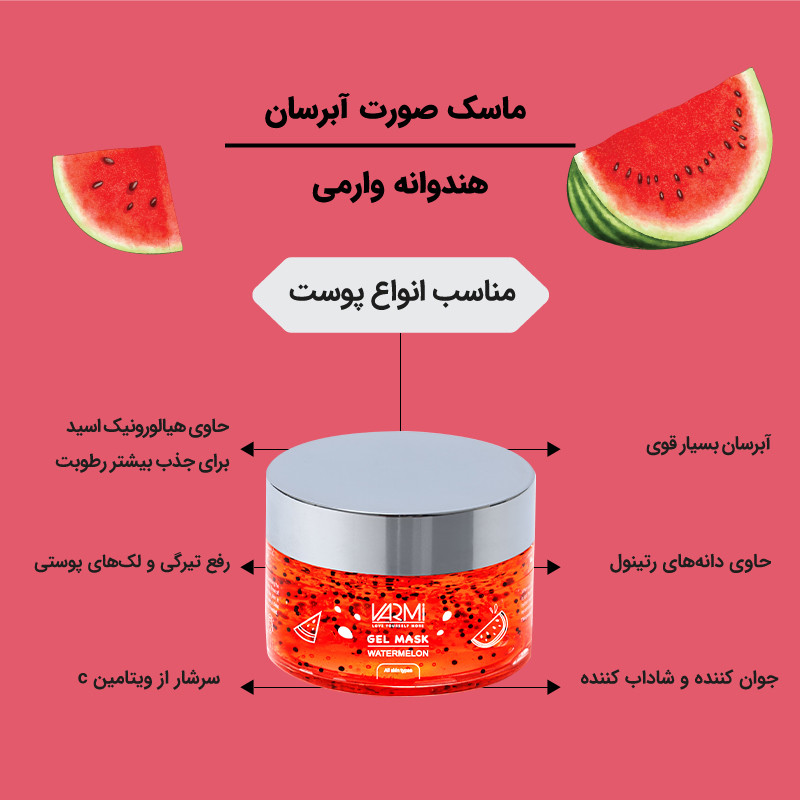 ماسک صورت آبرسان هندوانه وارمی مدل هندوانه حجم 75 میلیلیتر با هیالورونیک اسید، آنتیاکسیدان قوی، رفع تیرگی و کدری، کوچککننده منافذ، شادابکننده و محکمکننده پوست مناسب انواع پوست