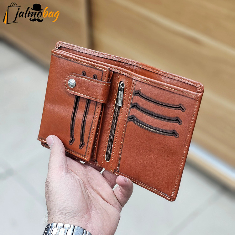 کیف پول جیبی چرم طبیعی گاوی دوخت تمیز با جای اسکناس و جاکارتی