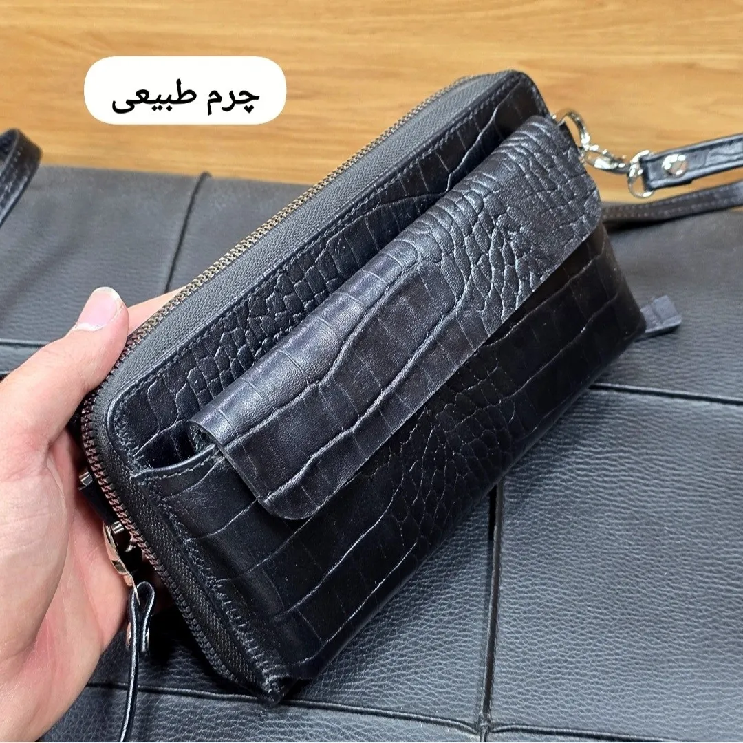 کیف دستی و دوشی چرم طبیعی ظفر دارای بند مچی و بند بلند قابل تنظیم
