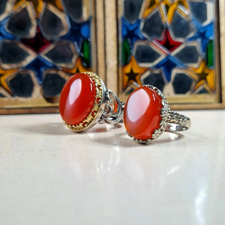 ست انگشتر مردانه و زنانه نقره روس با نگین عقیق سرخ خراسانی