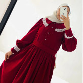پیراهن مخمل کبریتی قرمز سایز 40 قد 138 مناسب مهمانی و عید با خرج کار تور و مروارید دکمهخور