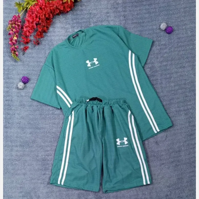 ست تیشرت شلوارک بیسکوییتی طرح UNDER ARMOUR نواردوزی شده