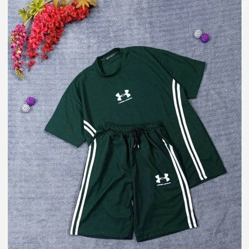 ست تیشرت شلوارک بیسکوییتی طرح UNDER ARMOUR نواردوزی شده
