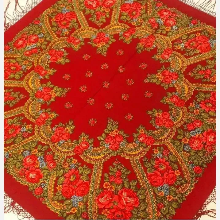 روسری ترکمنی پشمی قرمز قواره 148 برند پاولوف پوساد روسیه