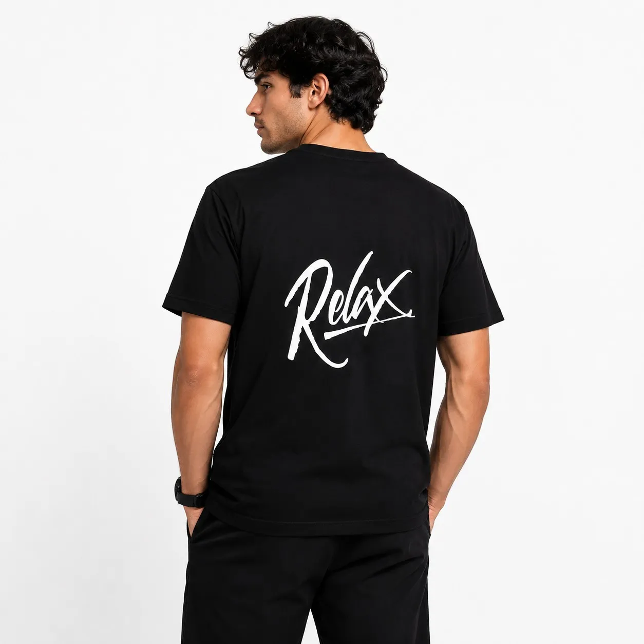 تیشرت یقه گرد مشکی طرح RELAX Signature جین وست نخ پنبه چهار فصل روزمره کژوال استریتویر