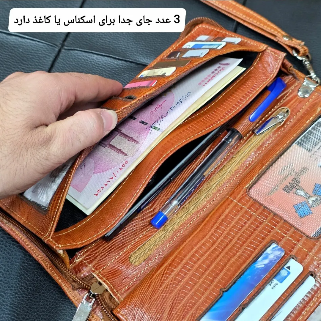 کیف دسته چک چرم طبیعی گاوی مردانه با جای کارت و موبایل