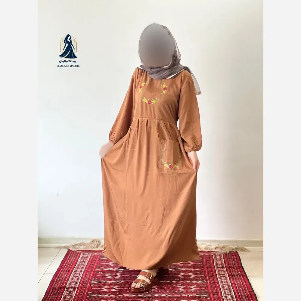 ساحلی گلدوزی تک جیب جنس نخ ململ رنگ زیتون قد 136
