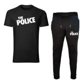 ست تیشرت آستین کوتاه یقه گرد و شلوار مردانه طرح polis مدل e4656 مشکی جنس نخ کمر کش دم پا کش
