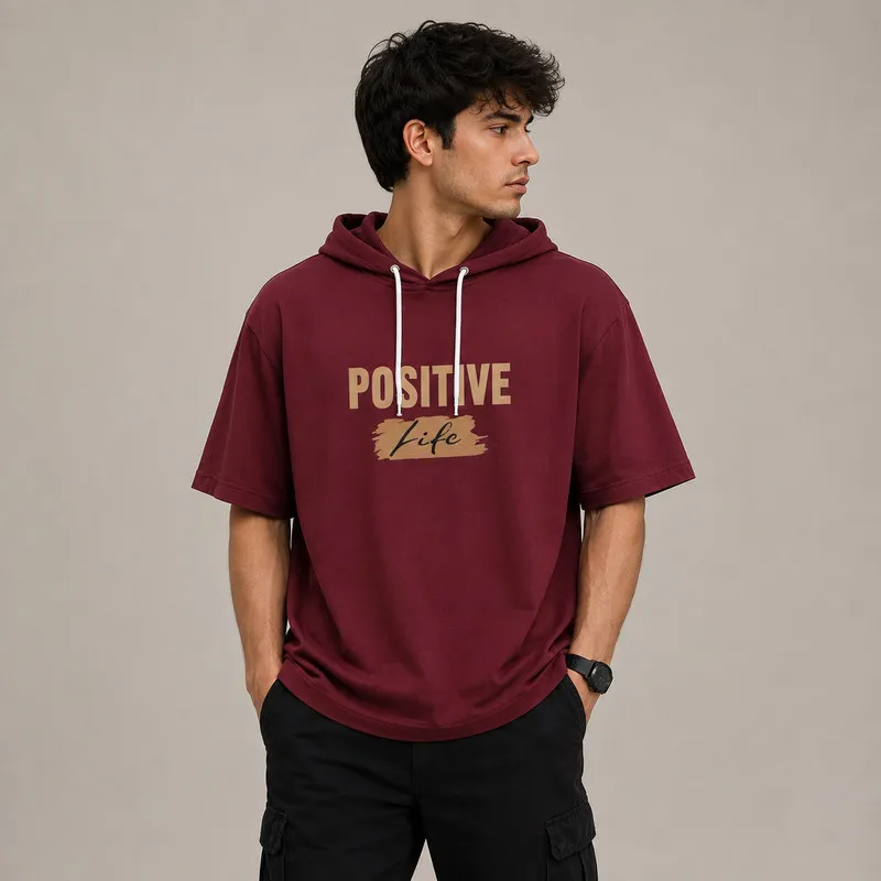 تی شرت مردانه کلاهدار پنبه ای طرح حروف مدل positive