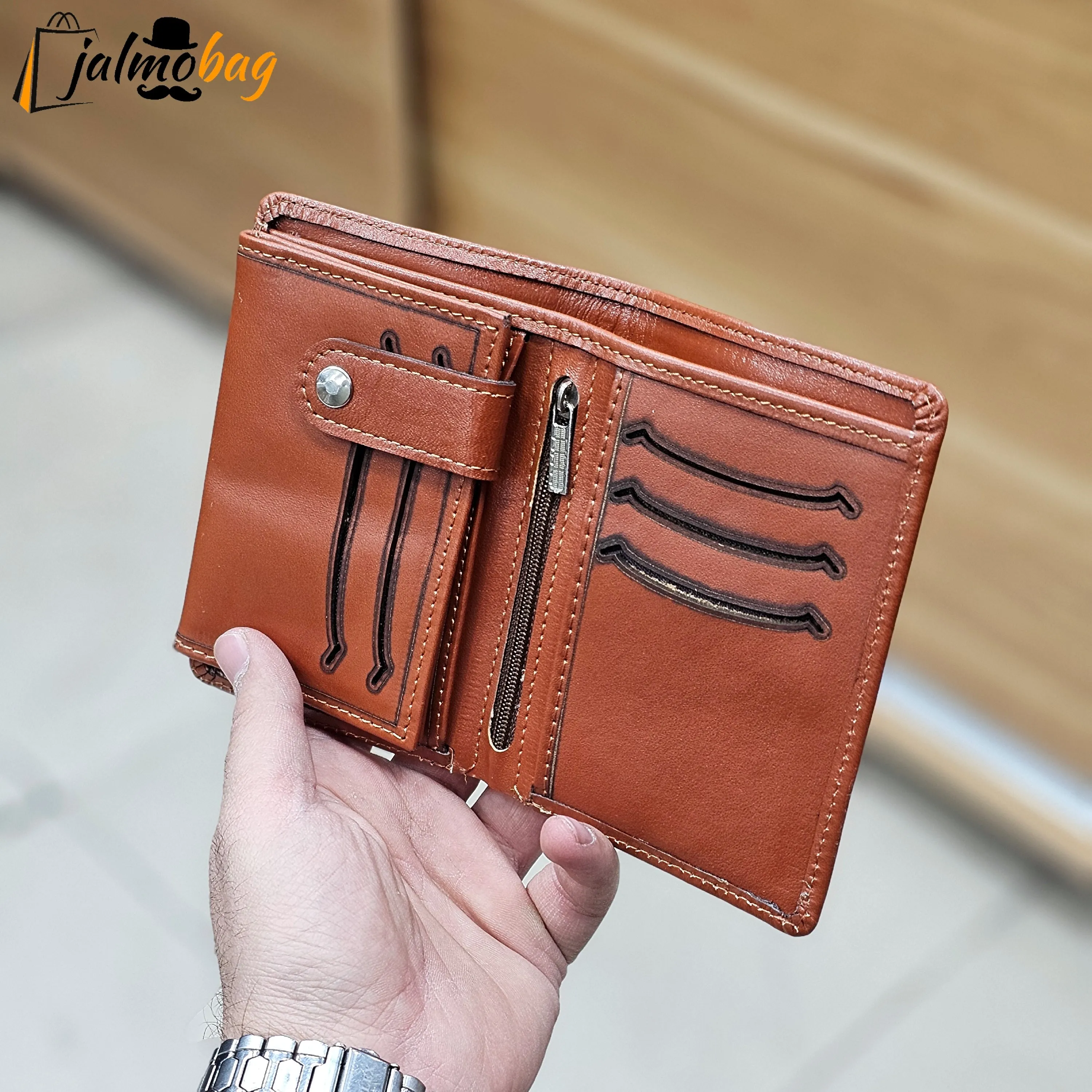 کیف پول جیبی چرم طبیعی گاوی دوخت تمیز با جای اسکناس و جاکارتی