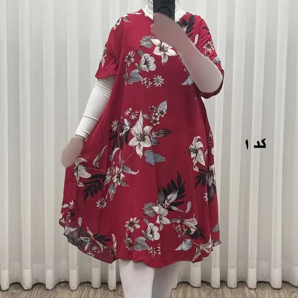 پیراهن ساحلی زنانه نخی آستین کوتاه فری سایز مناسب تا سایز 52 (3)