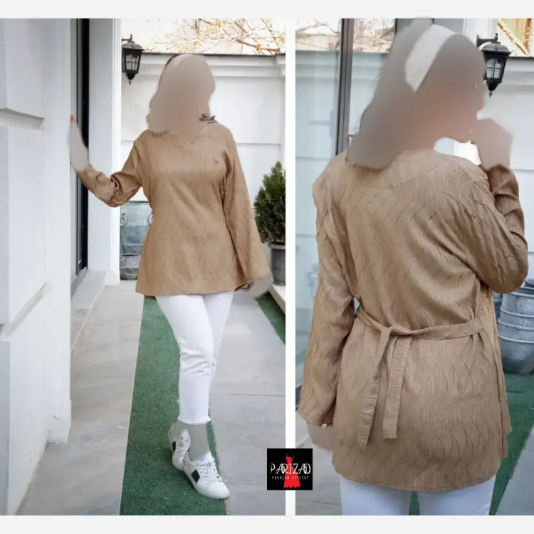 تونیک بهاره نخی طرح موجی کمربندی زنانه سایز 40 تا 46 (2)