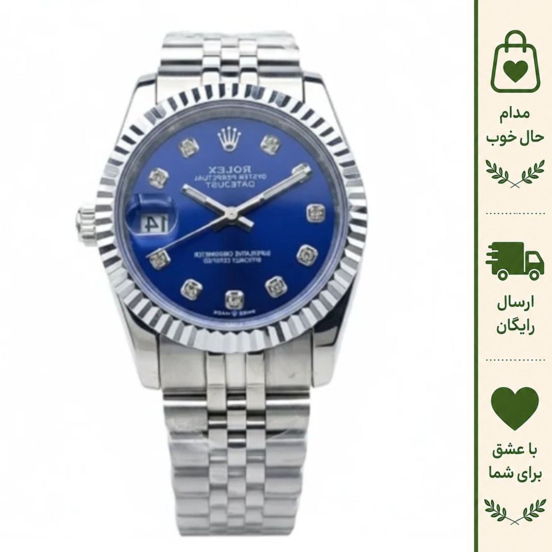 ساعت مچی مردانه رولکس دیت جاست استیل صفحه سرمه ای نگین دار موتور ژاپن