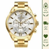 ساعت مردانه طلایی صفحه سفید طرح سه موتور بلیزر 3128 تقویم رنگ ثابت شیشه مینرال موتور ژاپن