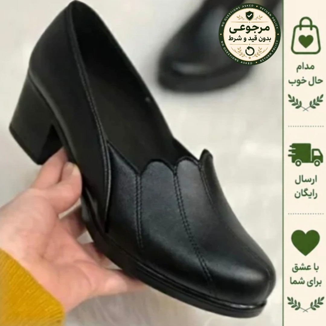 کفش زنانه چرمی طبی پاشنه دار هلالی مشکی سایز 37 تا 39