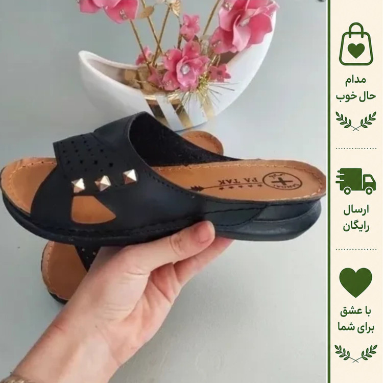صندل طبی زنانه مدل سه نگین رنگ مشکی با کفی آناتومیک و زیره ضدلغزش