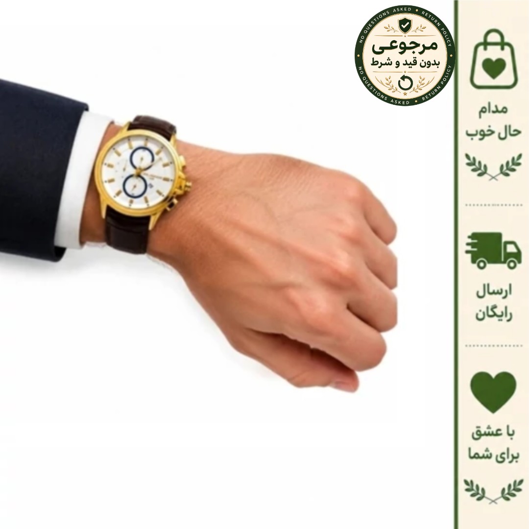 ساعت مچی مردانه بلیزر طرح سه موتور بند چرمی مدل 3121 با قاب طلایی و صفحه سفید