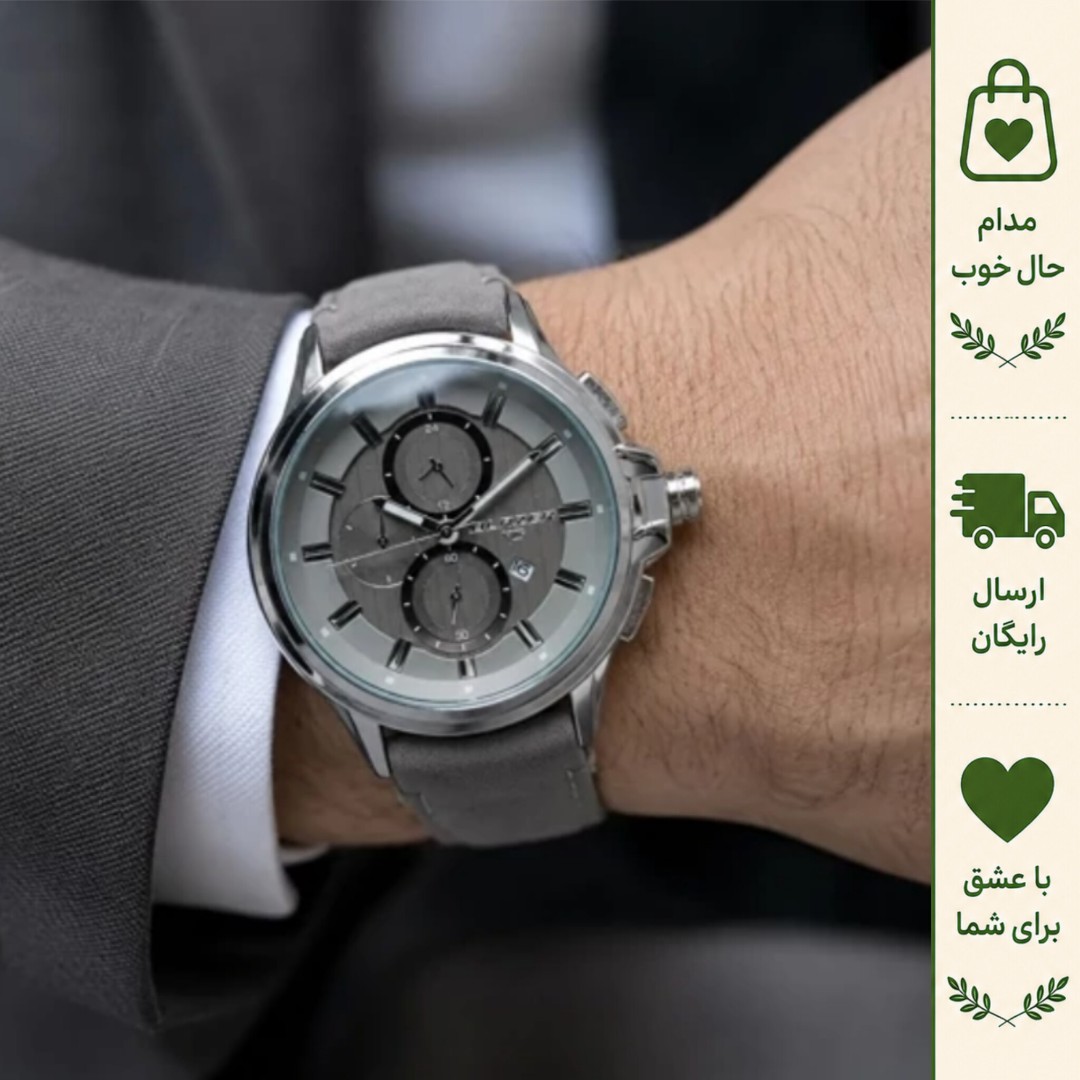 ساعت مچی مردانه بلیزر بند چرمی طوسی صفحه خاکستری طرح سه موتوره تقویم دار