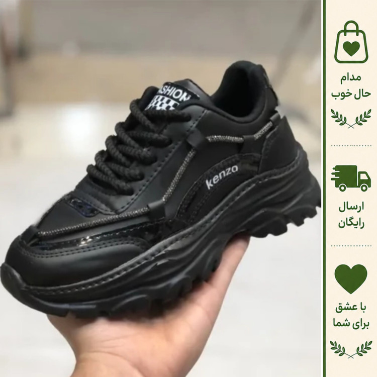 کفش لژدار زنانه مدل کنزو رنگ مشکی رویه چرم صنعتی زیره پیو طبی و سبک