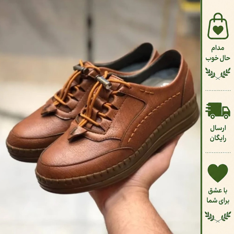 کفش طبی زنانه اسپرت چرم رویال عسلی دور دوخت زیره پیو سبک و نرم مناسب پیاده روی