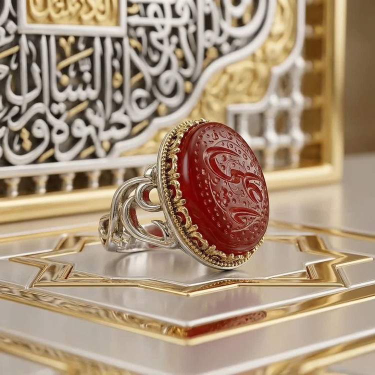 انگشتر آلیاژی باسنگ عقیق قرمز حکاکی یاعلی کد 6040