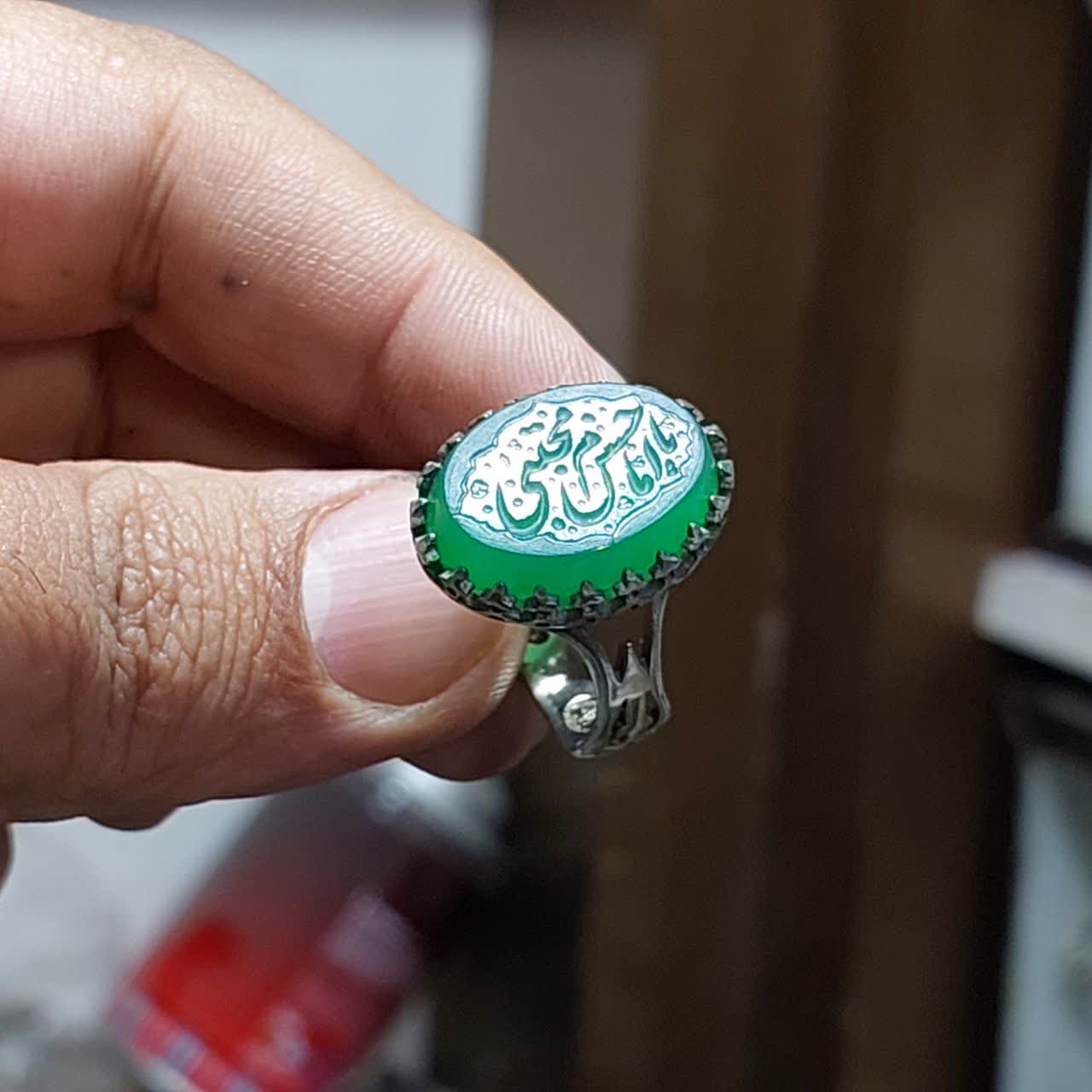 انگشتر آلیاژی باسنگ عقیق سبز حکاکی یا امام حسن مجتبی کد 6034