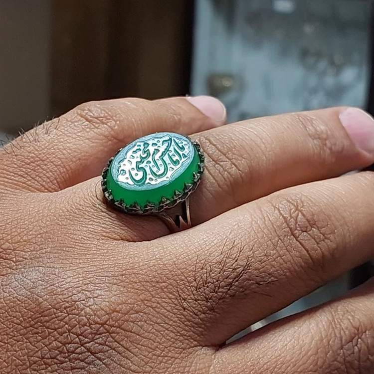 انگشتر آلیاژی باسنگ عقیق سبز حکاکی یا امام حسن مجتبی کد 6034