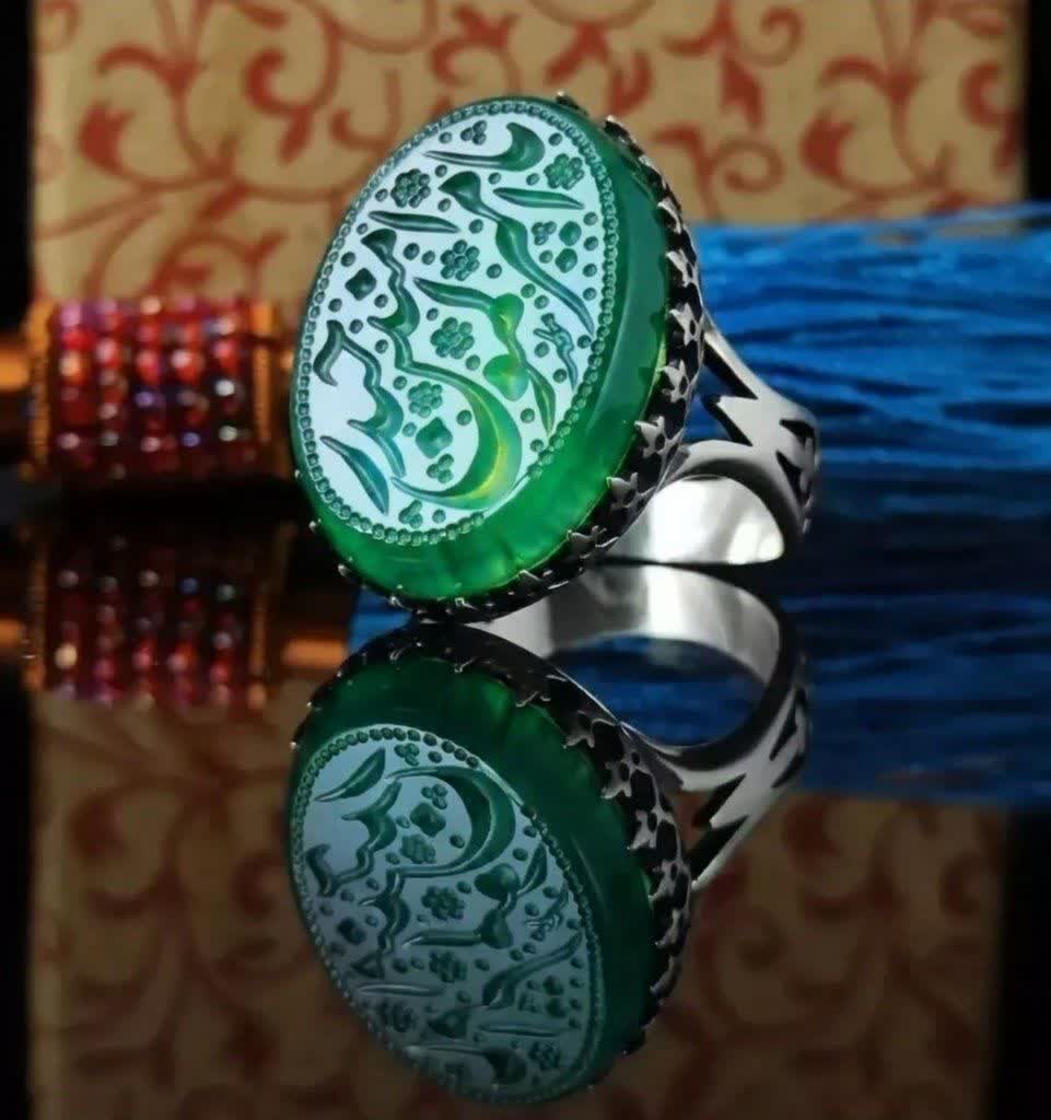 انگشتر آلیاژی باسنگ عقیق سبز حکاکی یا امیر المومنین حیدر کد 5950