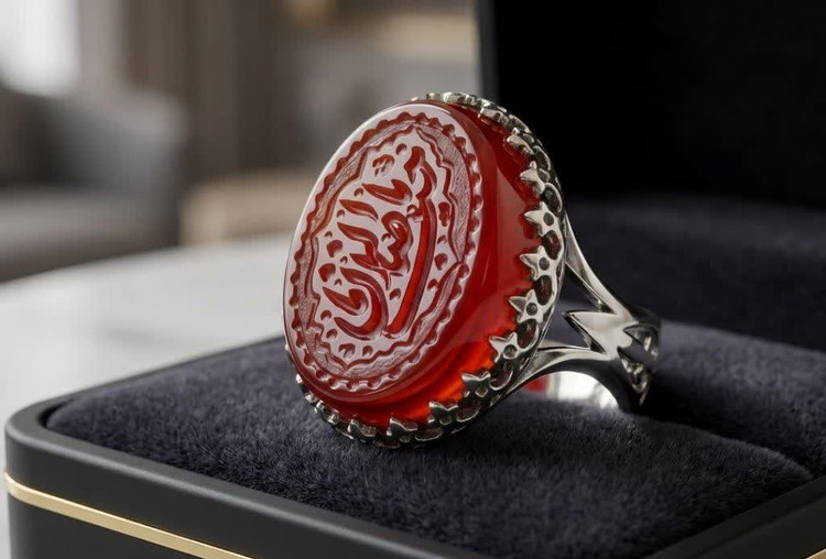 انگشتر آلیاژی باسنگ عقیق قرمز حکاکی یا صاحب الزمان کد 5911