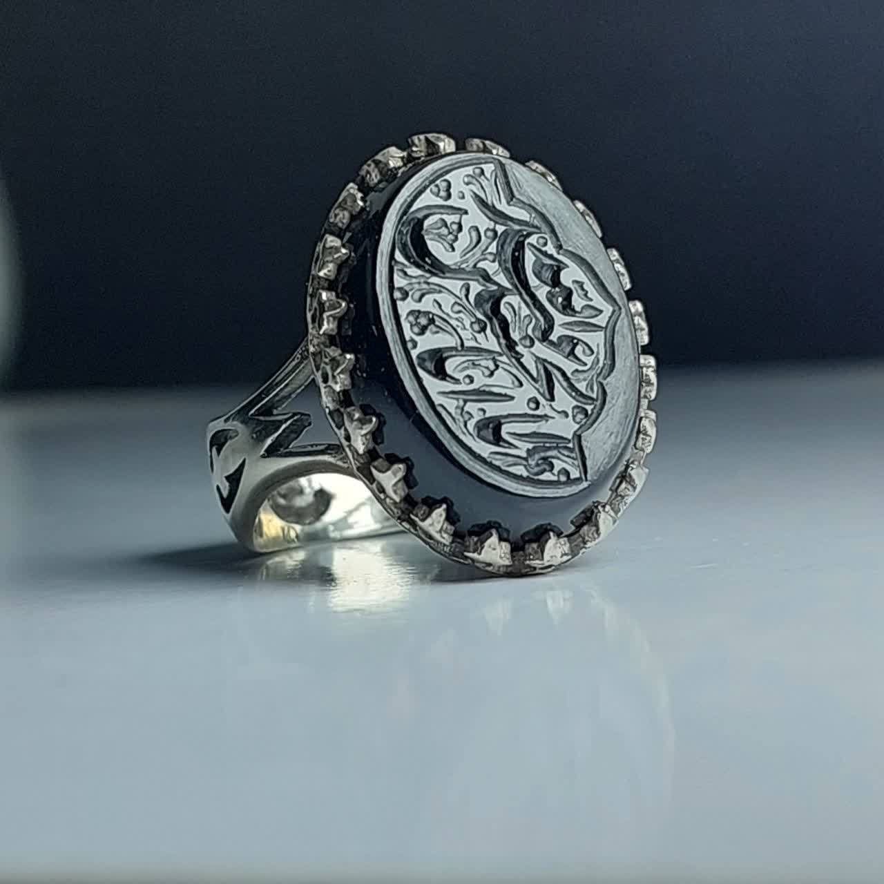 انگشتر آلیاژی باسنگ عقیق مشکی حکاکی یا اباعبدلله الحسین کد 5469