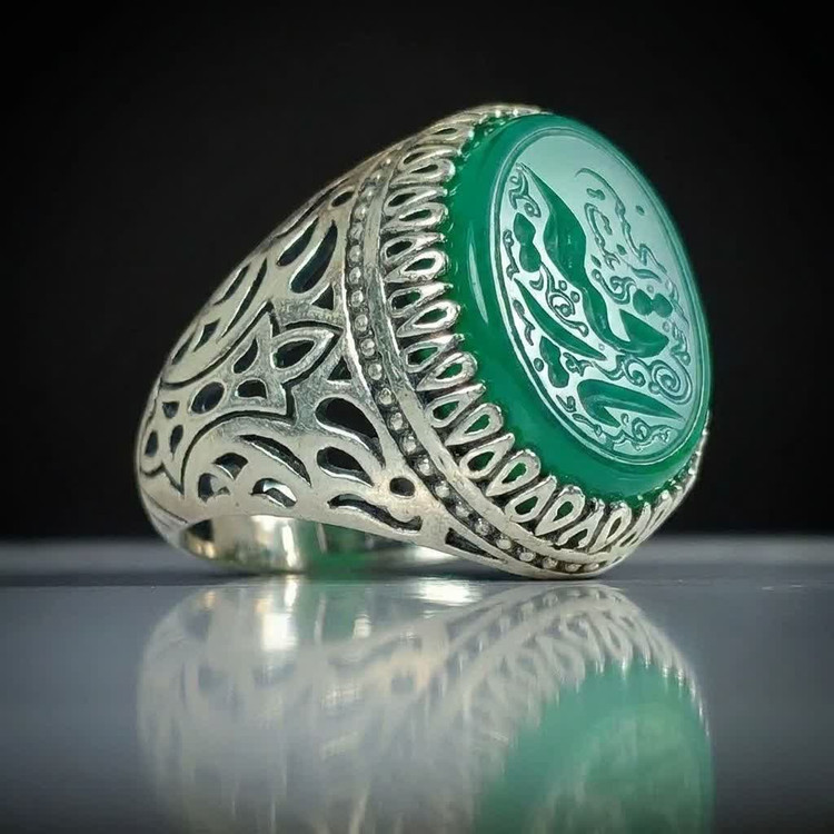 انگشتر نقره باسنگ عقیق سبز حکاکی یارقیه بنت الحسین کد 5816