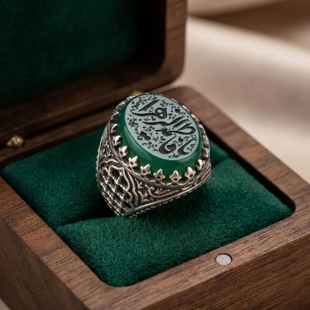 انگشتر آلیاژی باسنگ عقیق سبز حکاکی یافاطمه الزهرا کد 5808