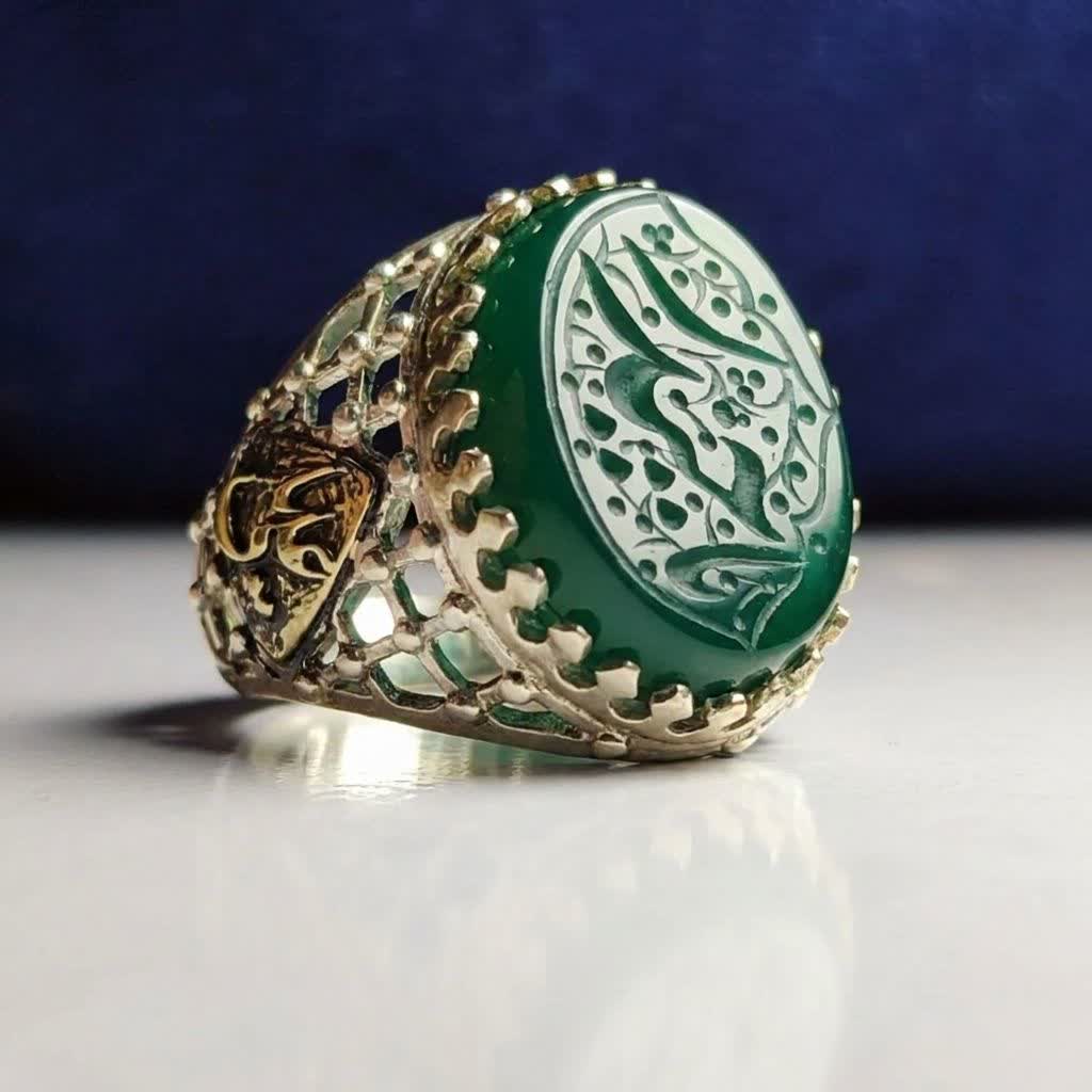 انگشتر نقره باسنگ عقیق سبز حکاکی یا حیدر کد 5749