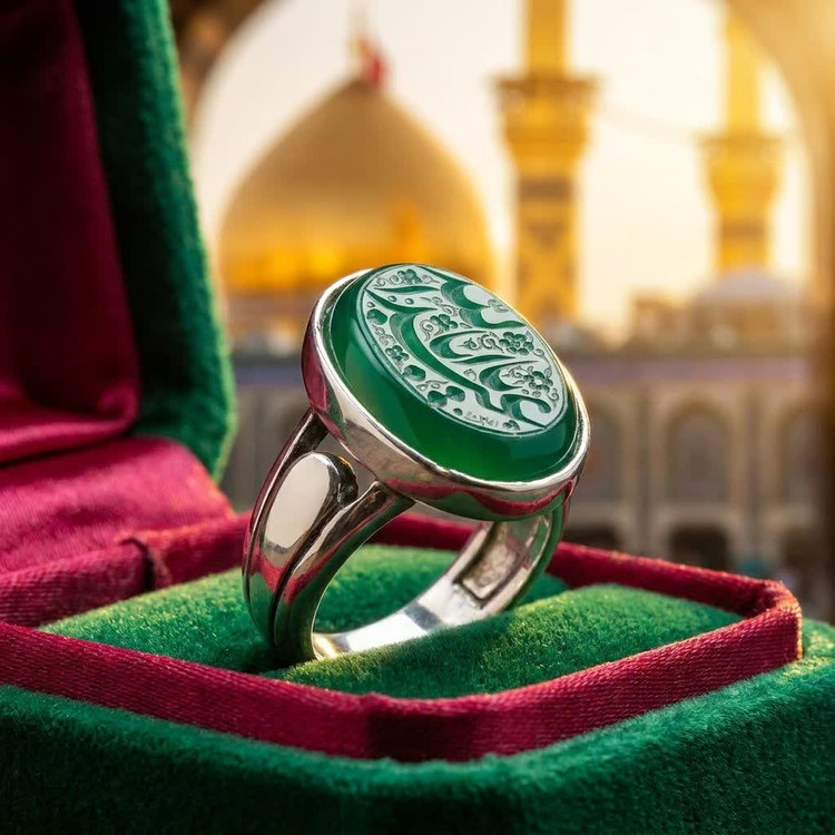 انگشتر نقره باسنگ عقیق سبز حکاکی یا اباعبدلله کد 5491