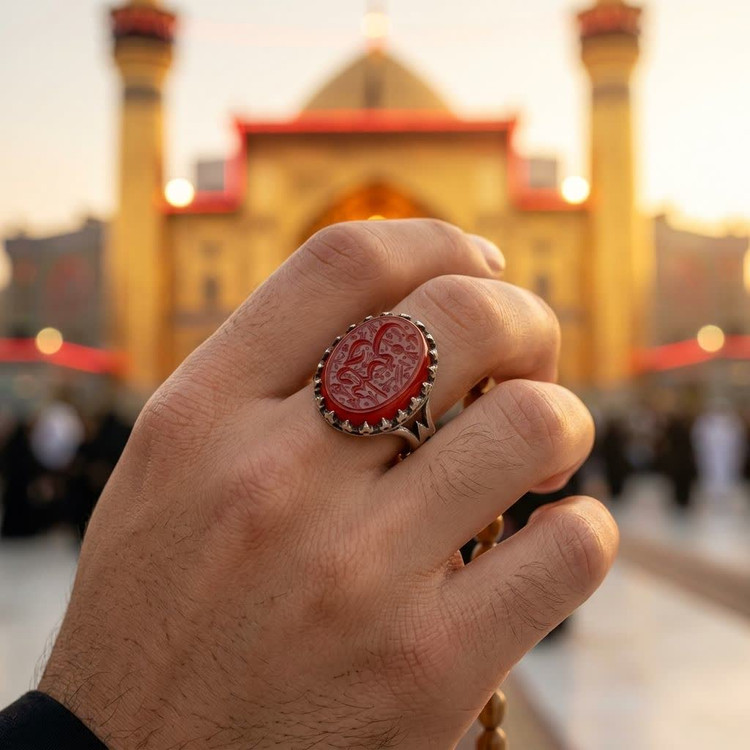 انگشتر آلیاژی باسنگ عقیق قرمز حکاکی یاحسین کد 5485