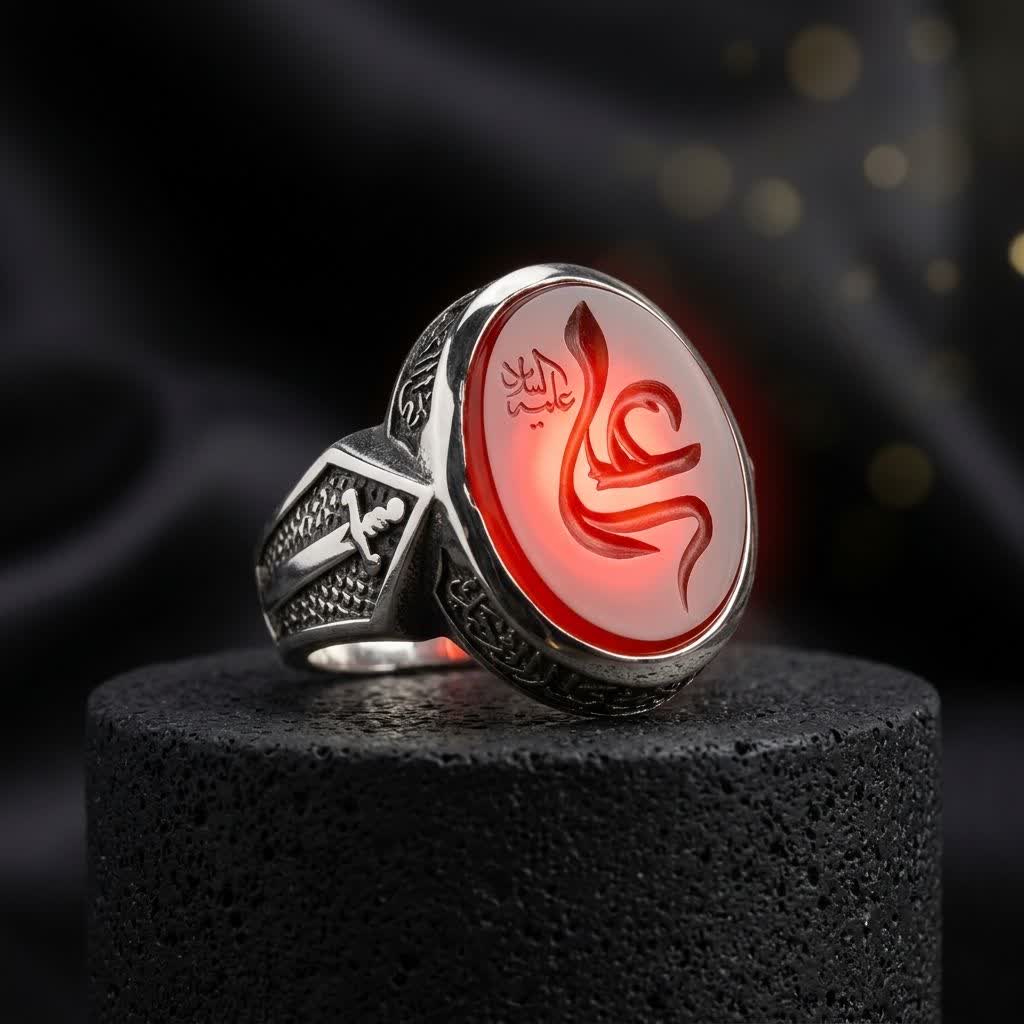 انگشتر آلیاژی باسنگ عقیق قرمز حکاکی علی (ع) کد 5481
