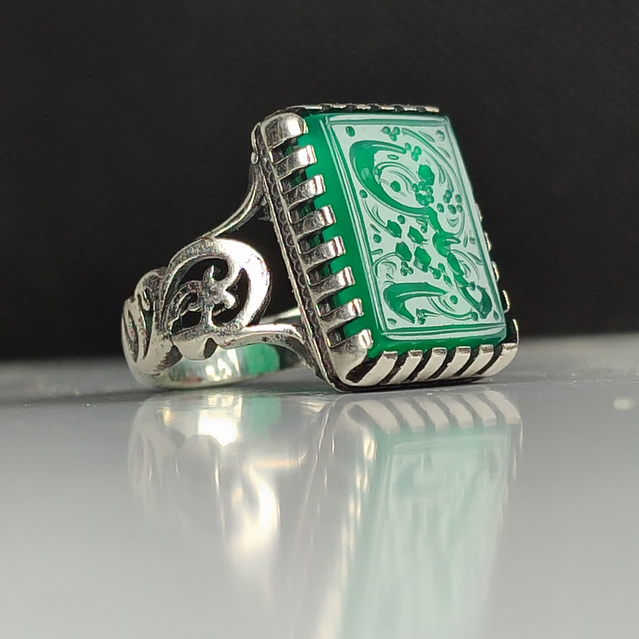انگشتر آلیاژی باسنگ عقیق سبز حکاکی یاحسین کد 5478