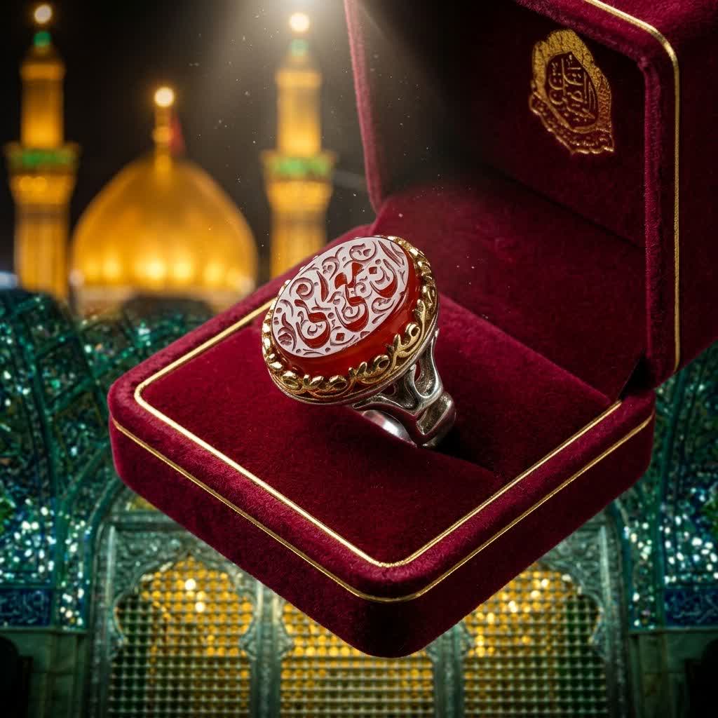 انگشتر آلیاژی باسنگ عقیق قرمز حکاکی ان معی ربی رکاب طرح علی کد 5375