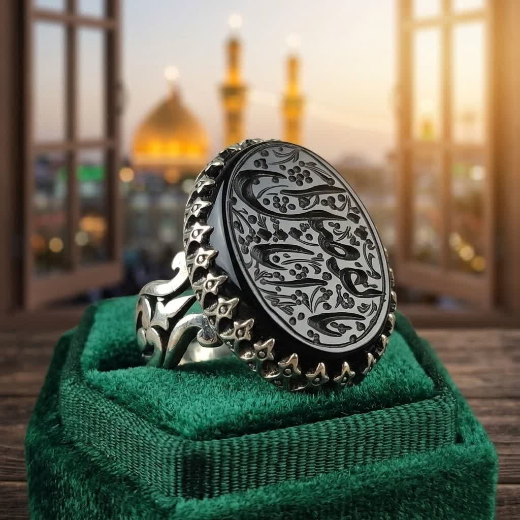 انگشتر نقره باسنگ عقیق مشکی حکاکی یا اباالفضل کد 5361