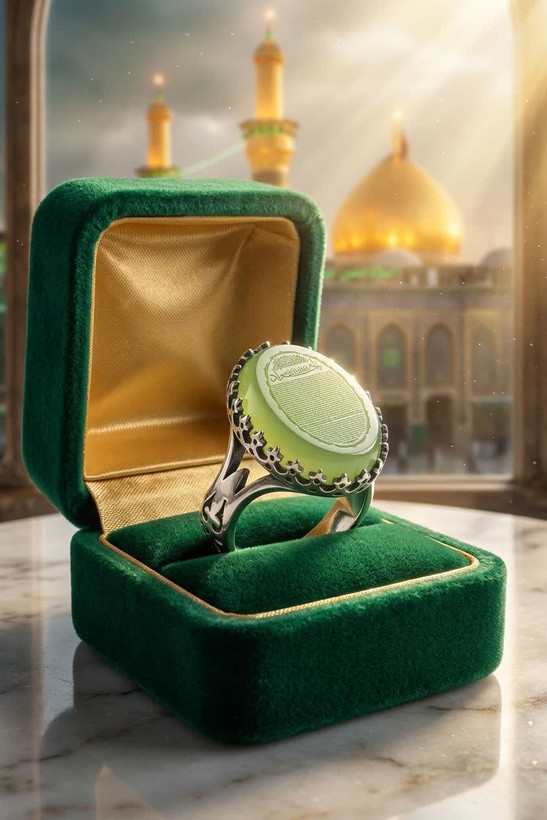 انگشتر آلیاژی باسنگ عقیق سبز حکاکی حرز امام جواد (ع) کد 5326