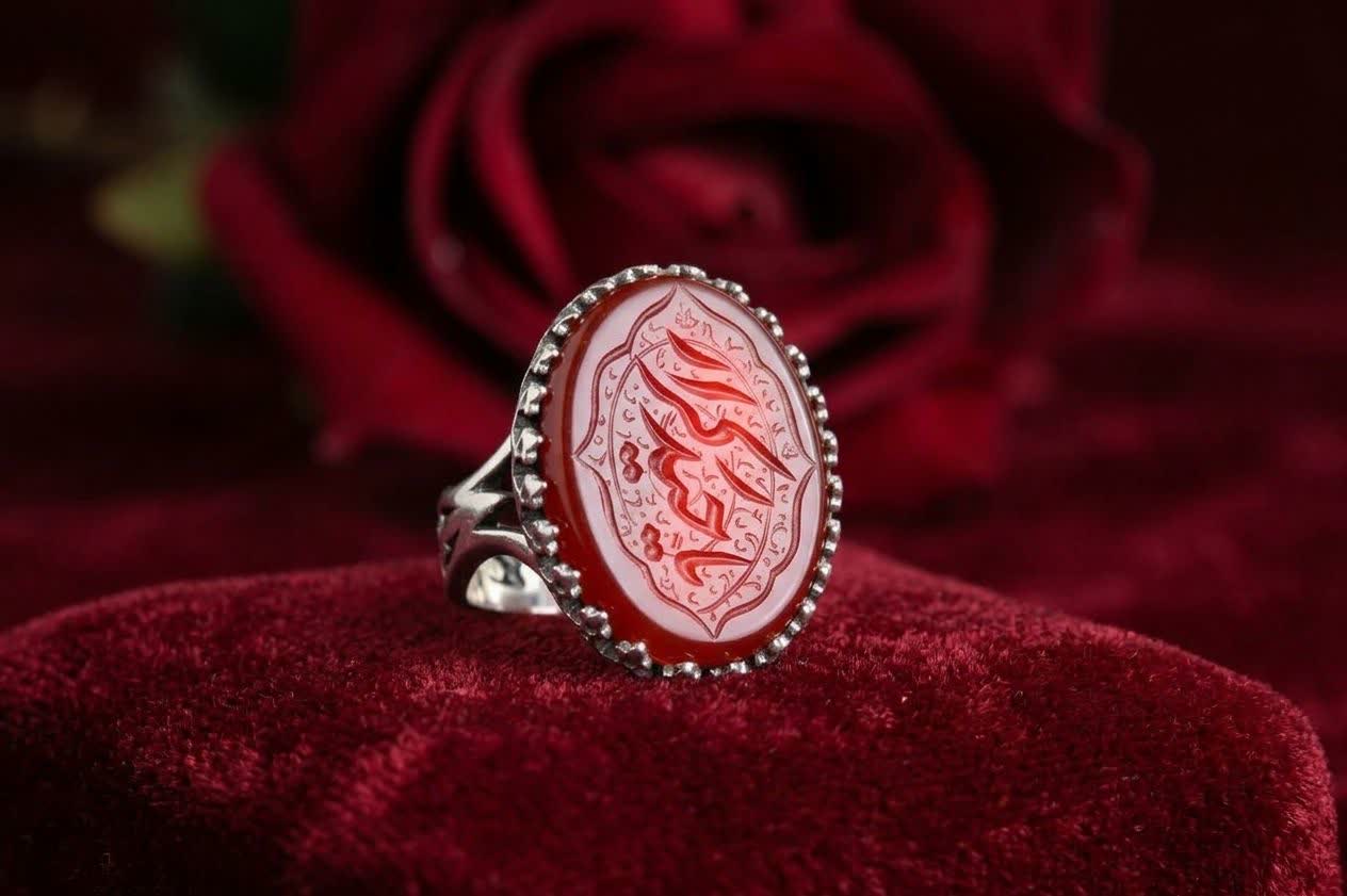 انگشتر آلیاژی عقیق قرمز مردانه حکاکی یا حیدر کرار | نماد قدرت، شجاعت و اصالت کد 5272