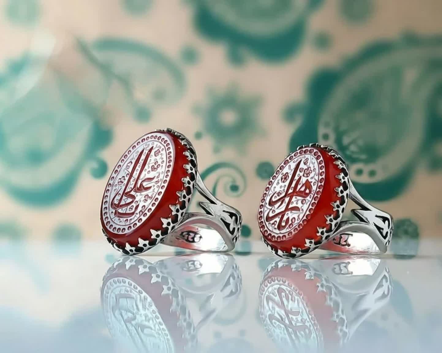 ست انگشتر آلیاژی عقیق قرمز مردانه حکاکی یا زهرا و یا علی | ترکیب شکوه، ایمان و اصالت کد 5268
