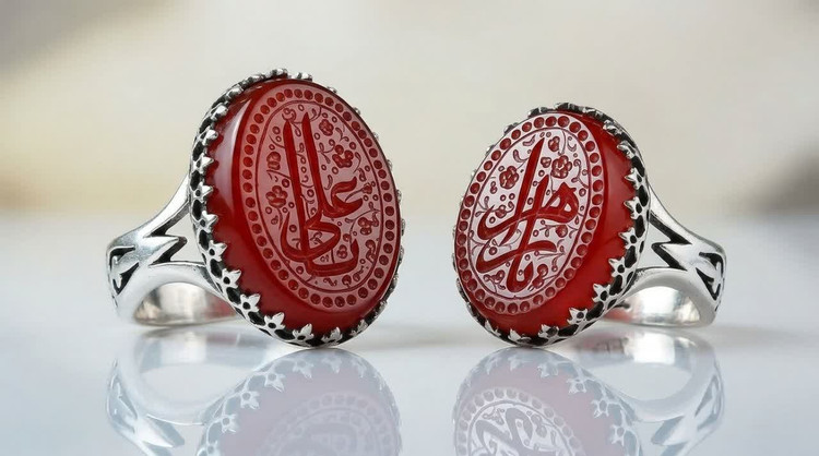 ست انگشتر آلیاژی عقیق قرمز مردانه حکاکی یا زهرا و یا علی | ترکیب شکوه، ایمان و اصالت کد 5268