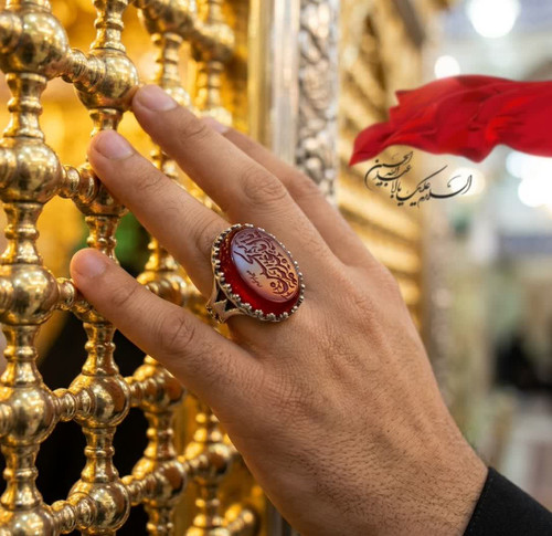 انگشتر آلیاژی باسنگ عقیق قرمز حکاکی یا اباعبدلله الحسین کد 5190