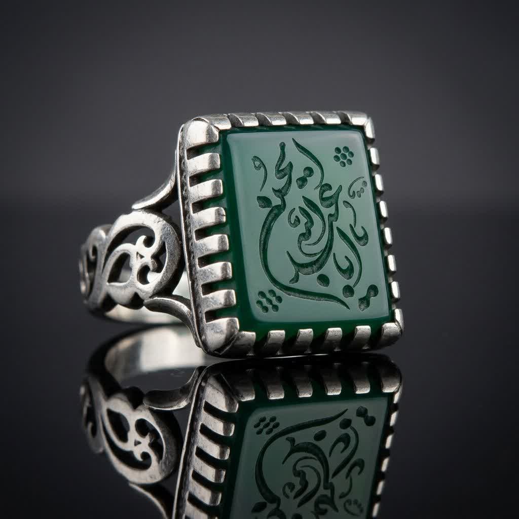 انگشتر آلیاژی باسنگ عقیق سبز حکاکی یا اباعبدلله الحسین کد 5186