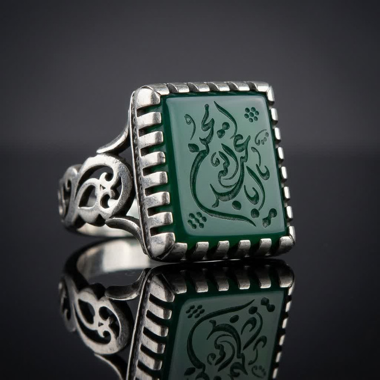 انگشتر آلیاژی باسنگ عقیق سبز حکاکی یا اباعبدلله الحسین کد 5186